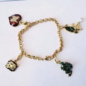 Gold Tone Charm Bracelet Rhinestones Enamel Pearl‎ w/ Heart, Cat, Fairy, Frog 8"